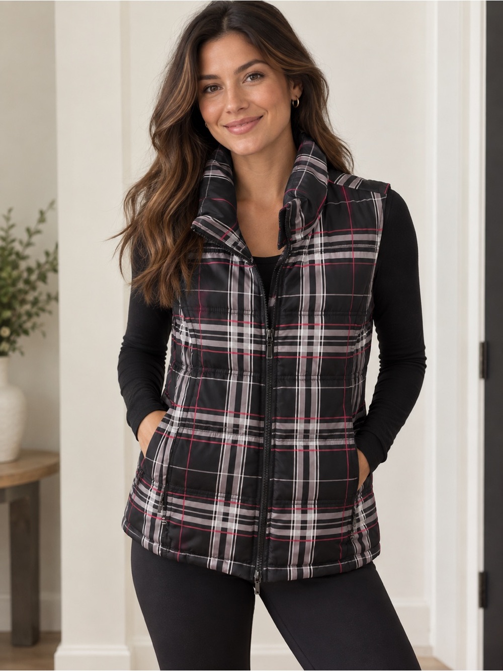 Charter Club Women’s Plaid Puffer Vest Size Small Black Pink Gray